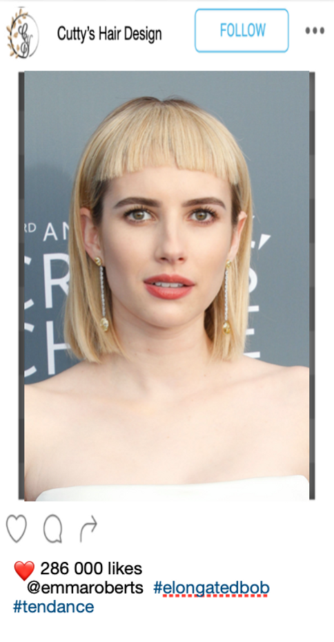 Emma roberts, célébrité, coiffeur lyon, bangs, coiffure, salon de coiffure, cutty's hair design, salon lyonnais, salon de coiffure, lyon 6, lyon centre, salon de coiffure lyon centre